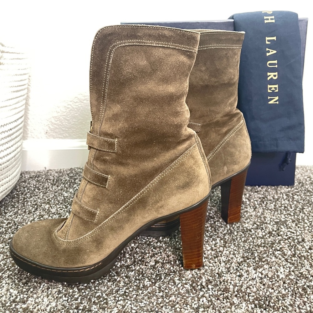 Ralph Lauren Shearling-lined Olive Suede Ankle Winter Boots, size 8.5D - Picture 10 of 11